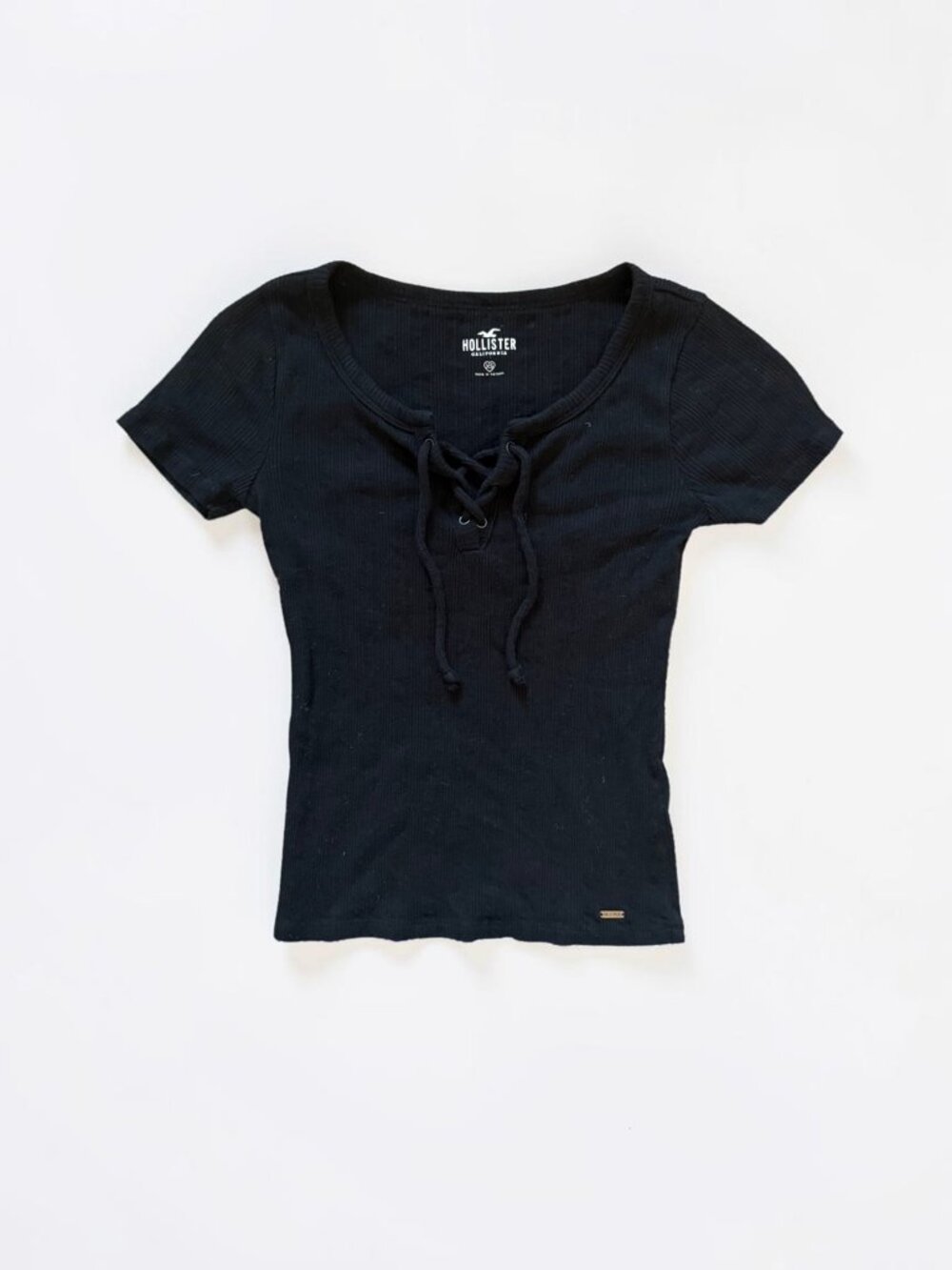 Hollister Black Ribbed Lace Up Top XS Short Sleeve Fitted Y2K Baby Tee